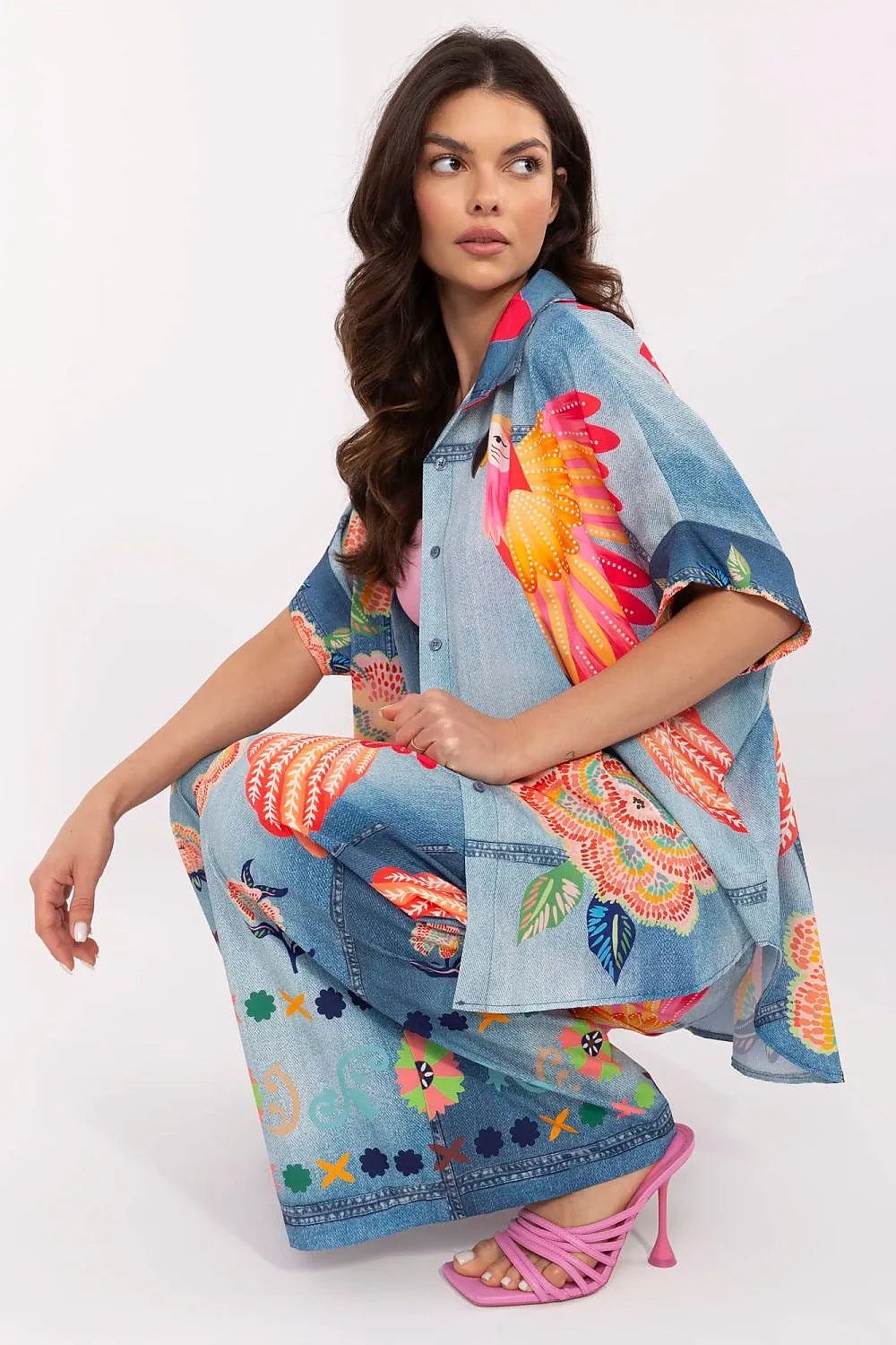Chemise manche courte Italy Moda oversize kimono imprimé perroquets fleurs denim bleu pantalon large cordon taille femme été décontracté artistique coloré