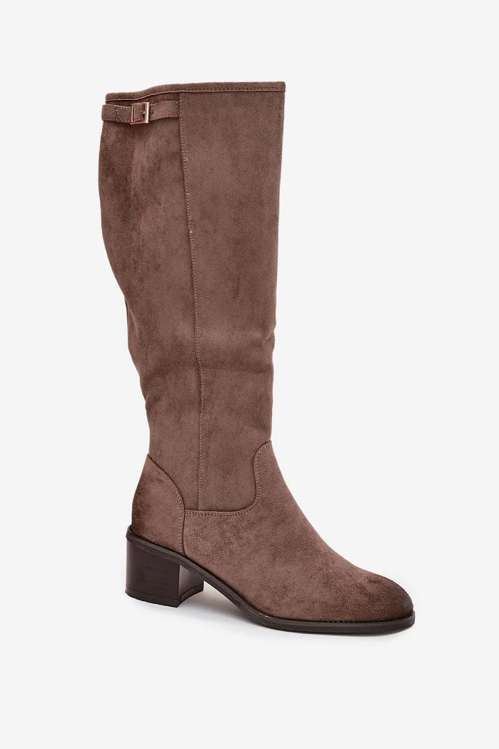 bottes femme mi mollet suédine taupe talon bloc moyen carré bout arrondi fermeture éclair latérale boucle dorée surpiqûres semelle résistante