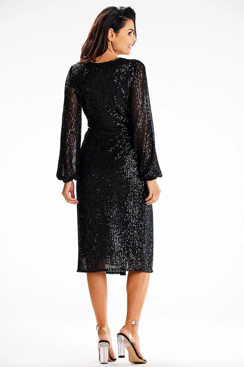 Robe de soirée élégante longue manches bouffantes élastique poignet ceinture paillettes noire elasthanne polyester femme taille ajustable