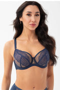 Soutien-gorge féminin élégant dentelle bleu marine profond armatures bonnets profonds ajustables confort maintien lingerie haut de gamme femmes