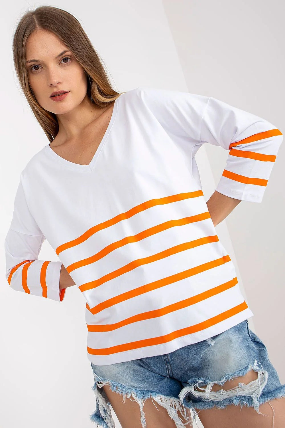 chemisier femme Rue Paris manches trois quarts col V rayures horizontales orange vif base blanche coton élasthanne coupe ample
