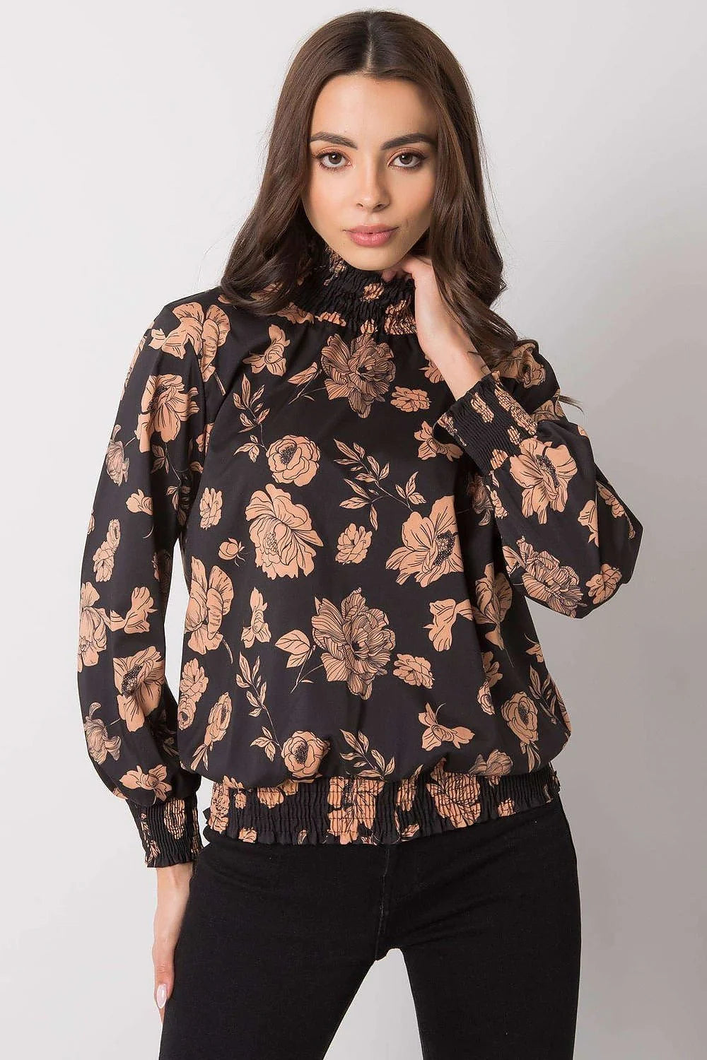 Chemisier fleuri noir polyester chic élégant ample manches longues col montant femme moderne
