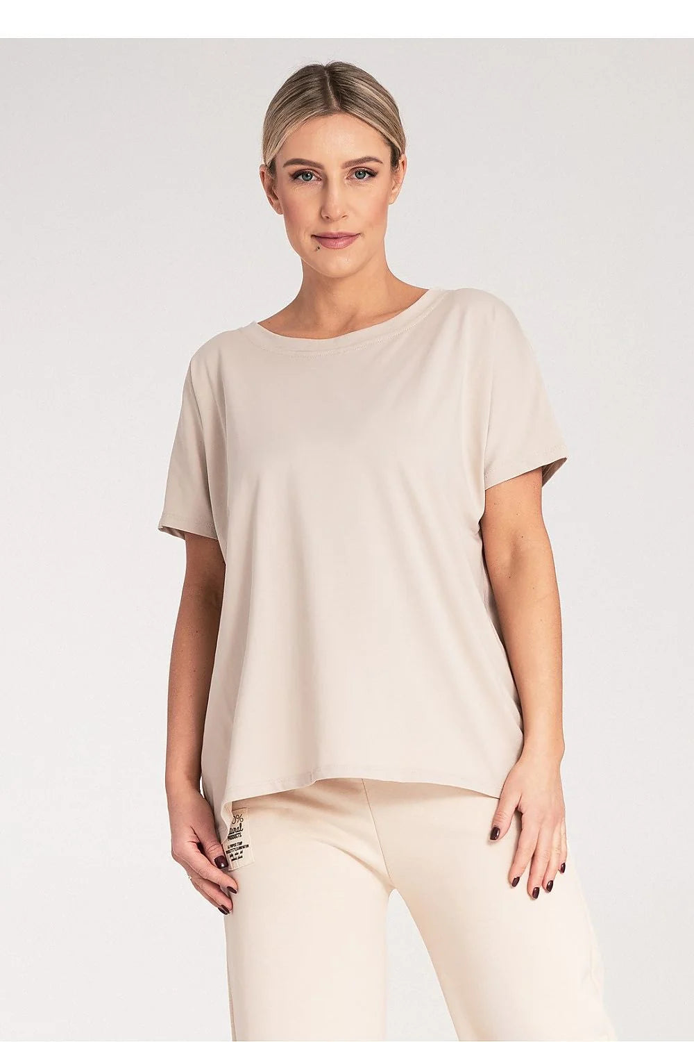 Ensemble femme casual haut et bas manches courtes beige fluide matelassé tissu coton élasthanne