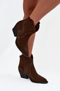 bottines femme western cowboy daim marron chocolat bout pointu tige courte talon bloc biseauté enfilage confortable doublure polaire