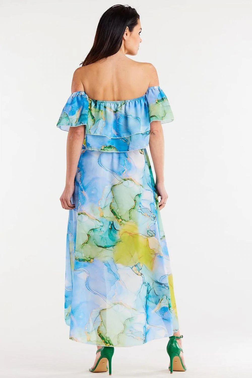 Jupe longue asymétrique en mousseline de soie style bohème encolure Bardot manches volant motif aquarelle polyester 100% taille ajustable femme été