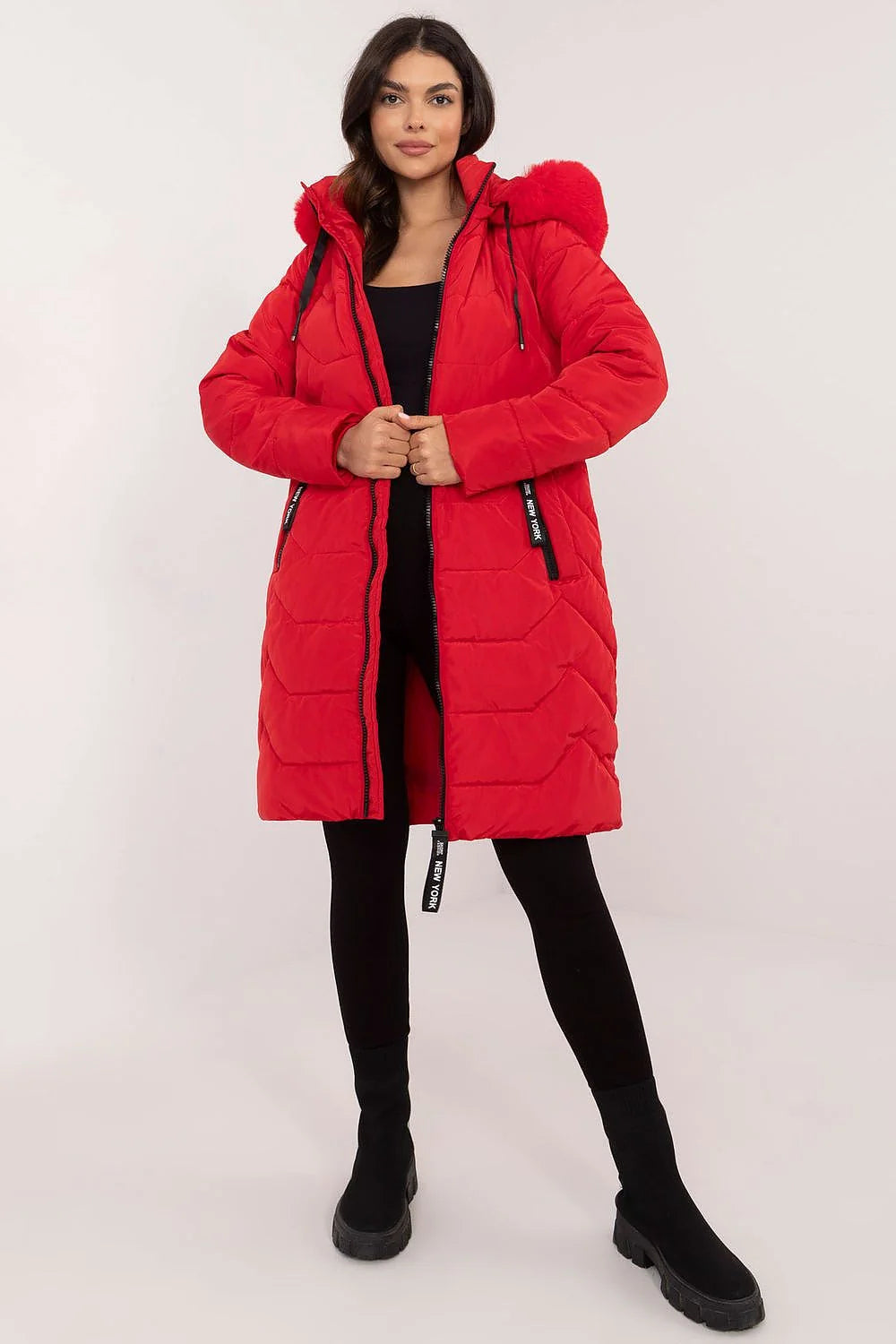 Veste matelassée pour femme rouge longue jusqu'au genou capuche amovible style urbain polyester rembourrage synthétique hiver automne