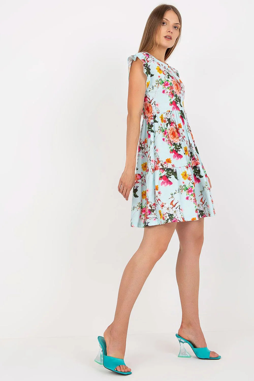 Robe de jour Rue Paris été floral manches courtes volants coupe évasée coton élasthanne taille ajustable femme