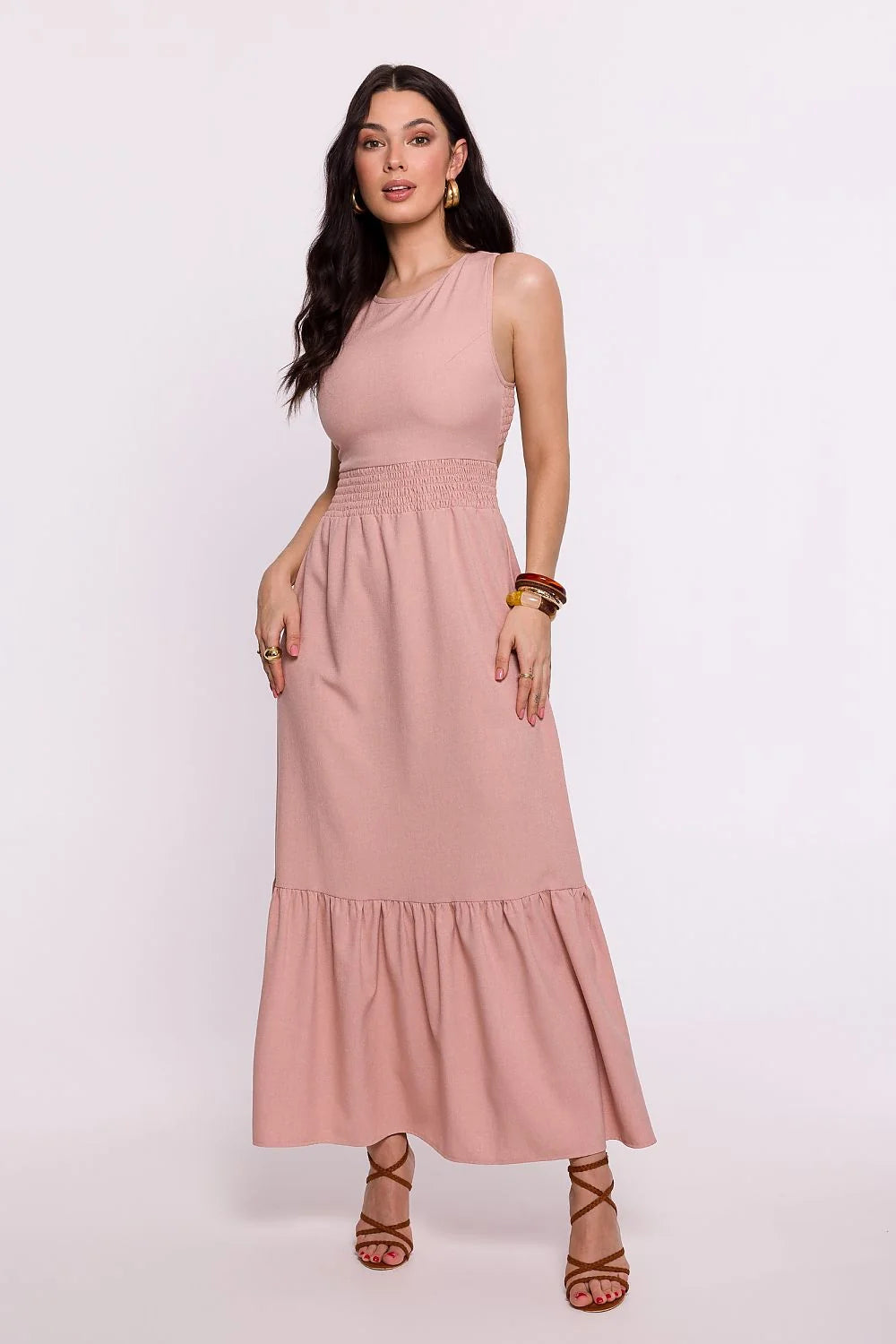 Robe de jour élégante longue sans manches rose poudré col rond taille ajustable volants femmes