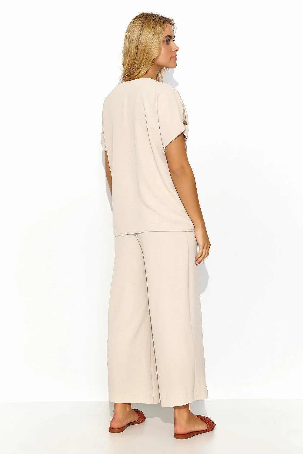 ensemble Makadamia femme beige crème loungewear top oversize colV manches courtes pantalon palazzo taillehaute coupe relaxed longueur cheville tissu fluide