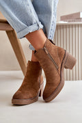 Bottes à talons épaisses en suédine marron pour femmes, style automne-hiver, fermeture éclair latérale, doublure fourrure, confortable et élégant