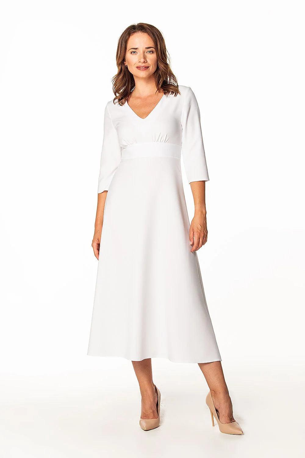 Robe de jour élégante coupe midi décolleté en V manches 3/4 bande à la taille taille ajustable femme
