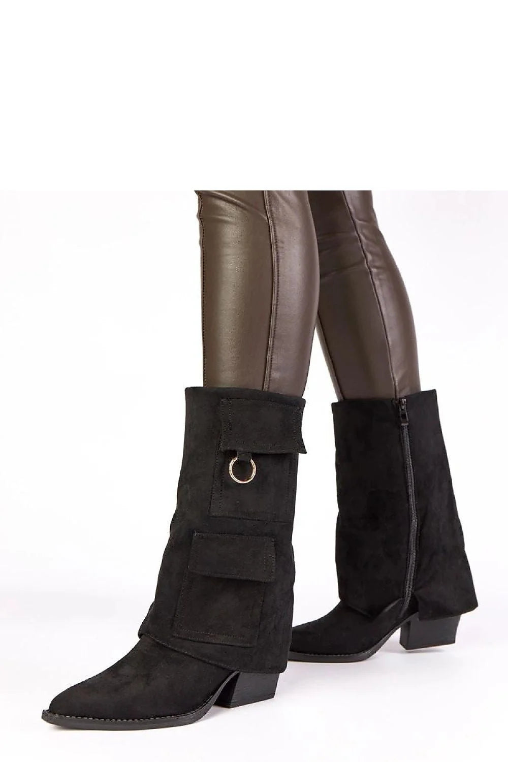 bottines noires suède femme talon carré bas 7cm mi mollet fermeture zippée poches rabat anneau métallique élégantes polyvalentes confortables