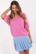 ensemble mode femme pull manches mi longues rose fuchsia maille duveteuse coupe oversize col V jupe mini bleu clair plissée
