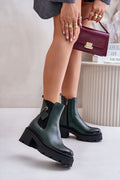 Bottines Chelsea en cuir vert foncé style robuste et chic fermeture éclair talon massif femme