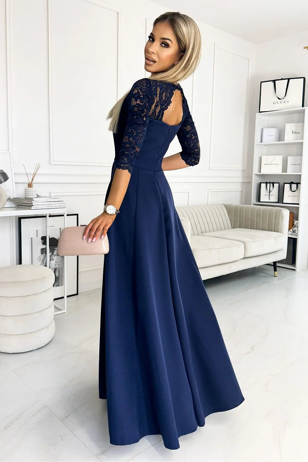 robe longue dentelle bleu royal manches troisquarts décolleté V profond taille cintrée jupe fluide fente haute glamour Numoco