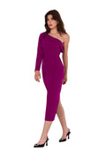 robe soirée makover asymétrique épaule nue manche longue col drapé mi mollet fente latérale fuchsia fourreau ajustée stretch