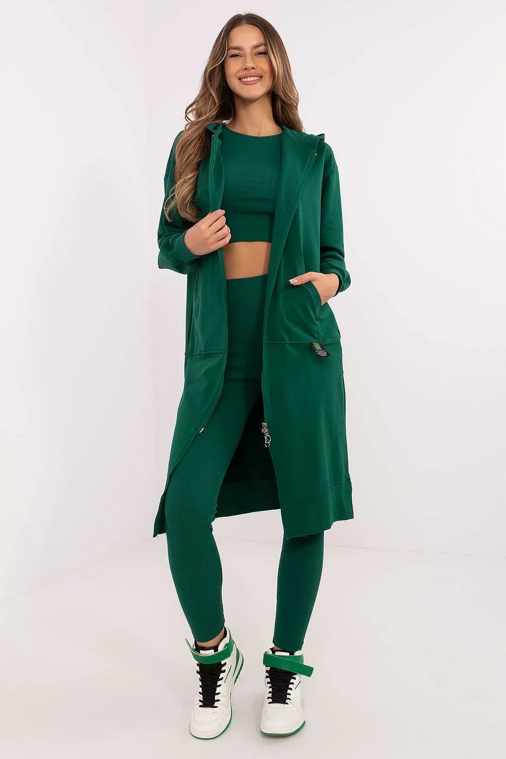 Ensemble coordonné femme modern style athlétique vert foncé veste longue capuche haut court leggings élasthanne coton fermeture éclair poches