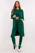 Ensemble coordonné femme modern style athlétique vert foncé veste longue capuche haut court leggings élasthanne coton fermeture éclair poches
