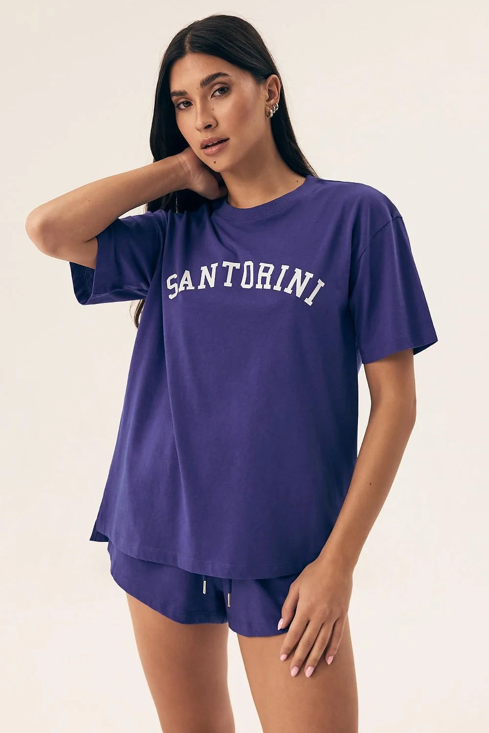 Pyjama Henderson femme coordonné t-shirt short violet Santorini coton 100% ample décontracté