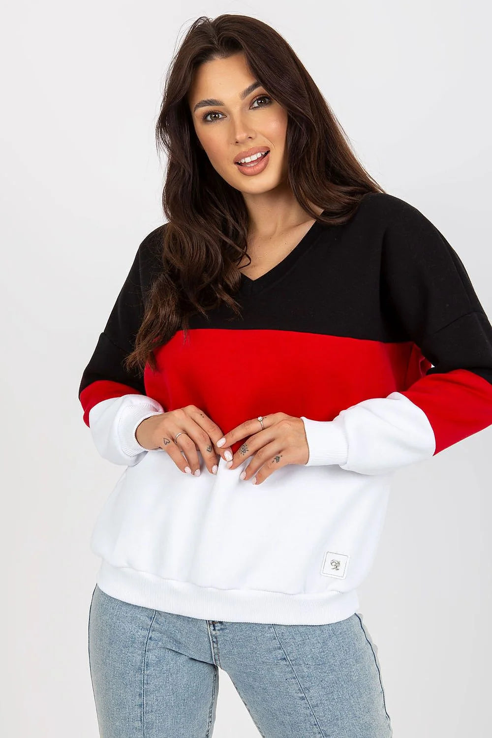 Sweatshirt femme color-block motif trois bandes manches longues encolure V coton doux coupe ample occasions quotidiennes mode tendance
