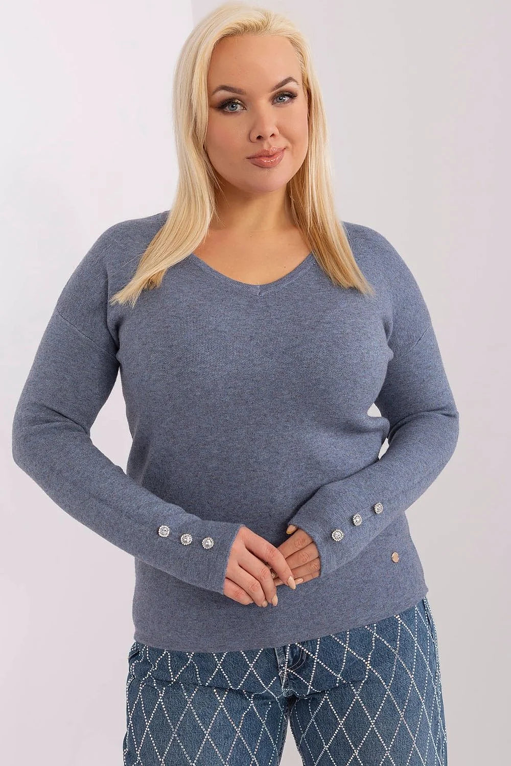 Pull-over femme plus size manches longues boutons décoratifs viscose élégant confortable coupe ajustée bleu gris factory price