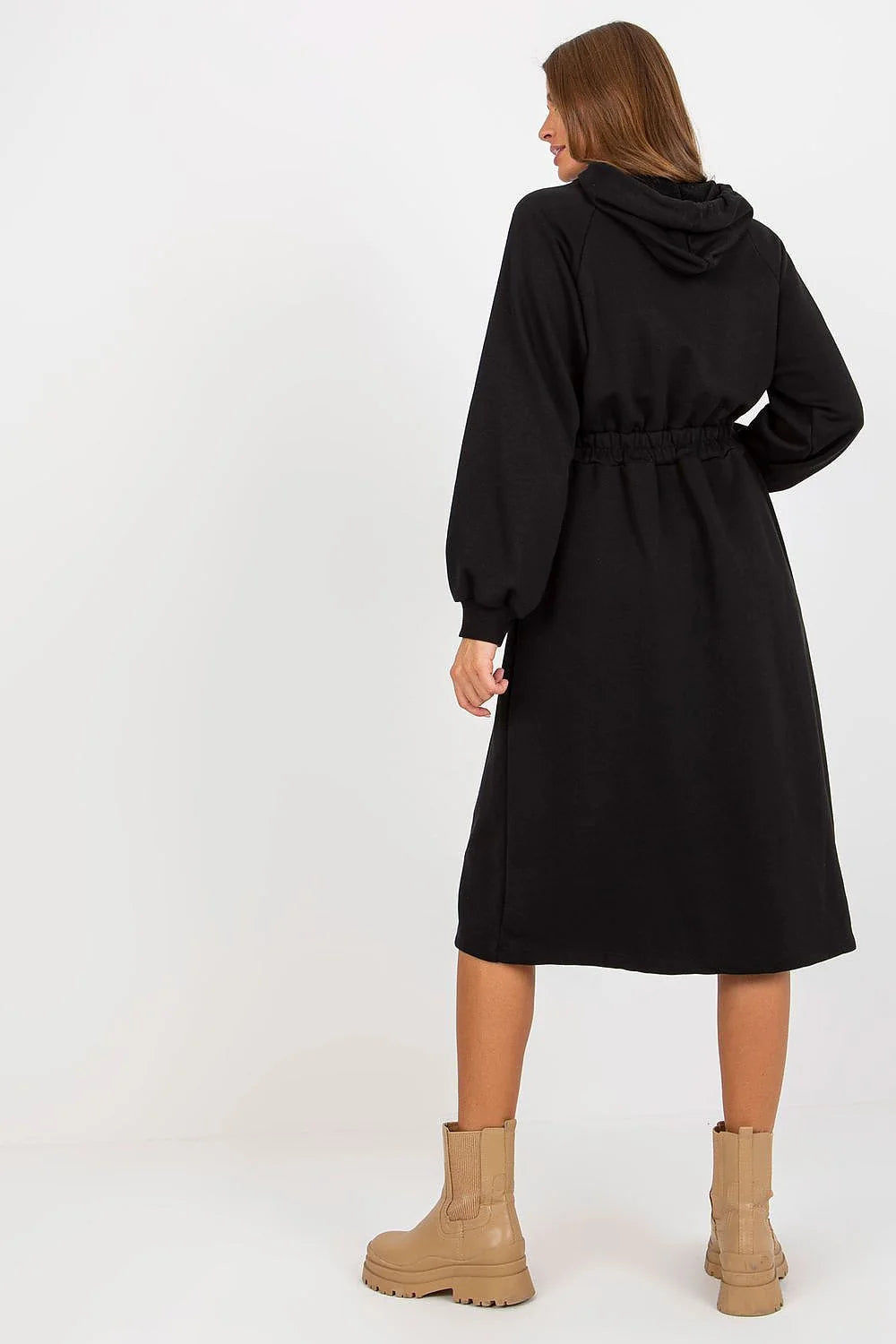 Robe de jour Relevance en coton et elasthanne, manches longues, capuche, boutons decoratifs, couleur verte, style casual, pour femme