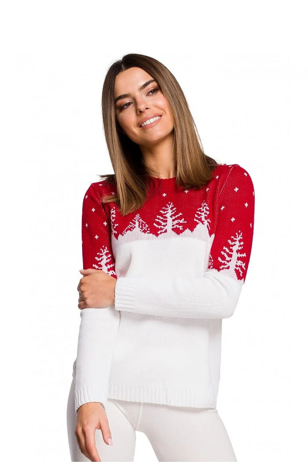 Pull tricot hivernal élégant décontracté motif sapin vert émeraude col rond manches longues femmes