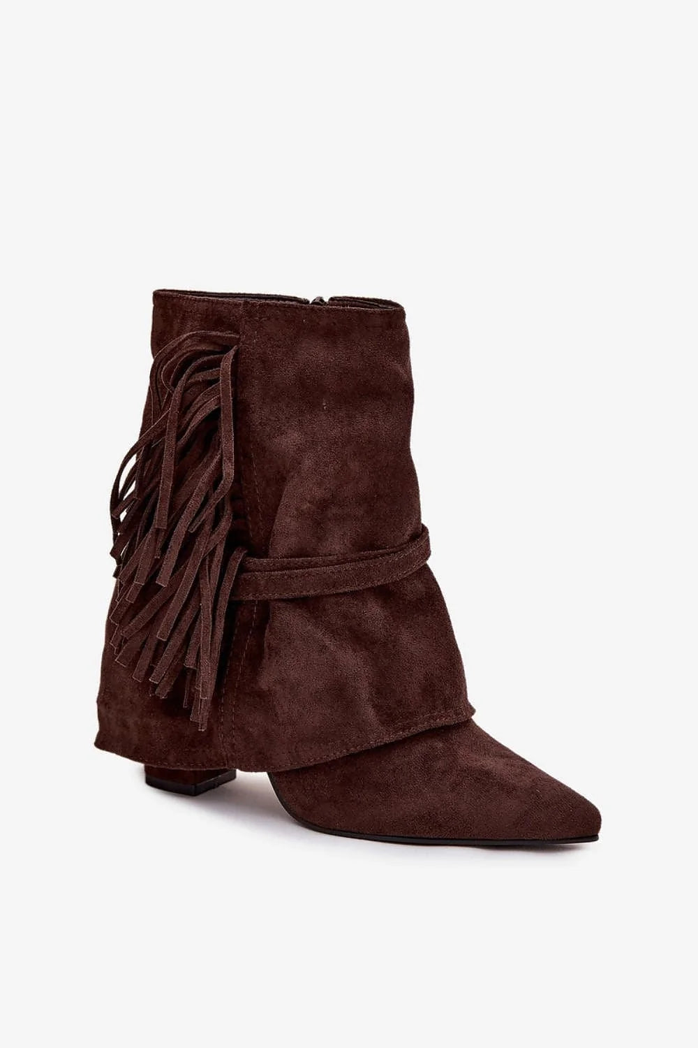 bottines femme suédé marron foncé cheville mihaute bout pointu talon bloc franges lanières boucles dorées plissés fermeture intérieure semelle antidérapante