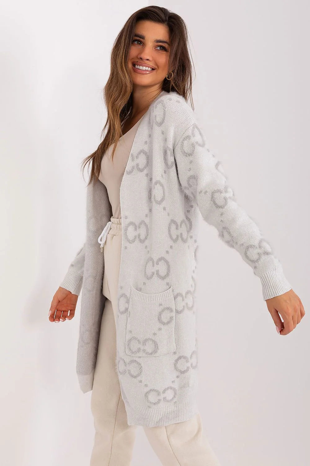 Cardigan pour femme longueur genoux style décontracté motif circulaire gris clair matériau doux sans fermeture manches longues poches pratiques coupe ample