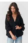 cardigan femme court oversize noir maille douce duveteuse mohair laine acrylique léger col V manches bouffantes poignets côtelés boutons absents