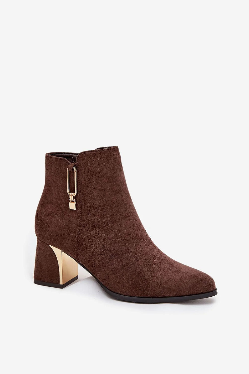 bottines femme suédine écologique daim marron bout amande talon pilier 7cm tige 11cm fermeture éclair latérale tirette dorée