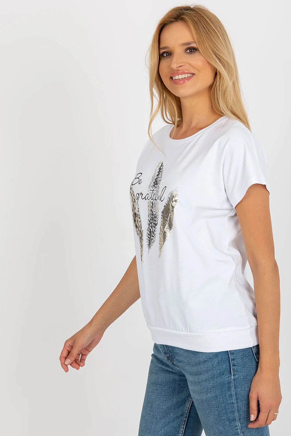 T-shirt femme design moderne graphique plumes doré noir marron col rond manches courtes coton elastane