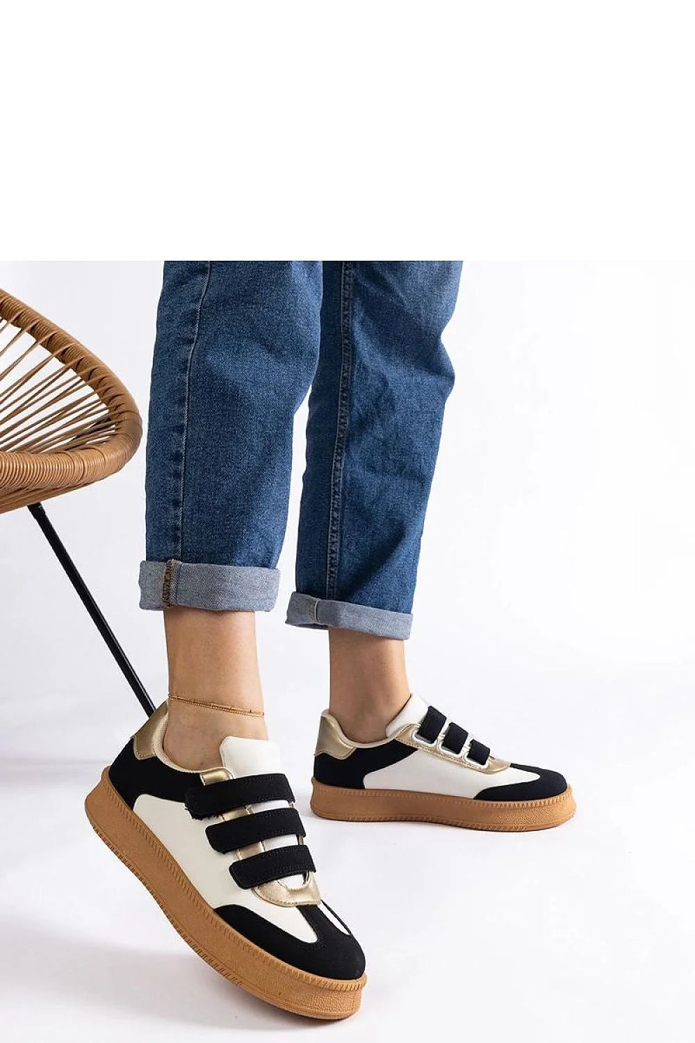 baskets basses femme sneakers sportif blanc noir doré semelle camel plateforme épaisse cuir écologique velcro bandes ajustable confortable