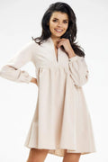 Robe de jour élégante pour femme en tissu fluide couleur beige clair manches longues encolure V taille haute