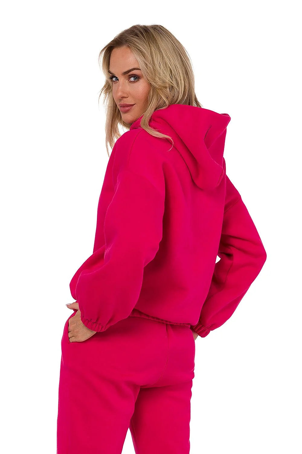 Sweatshirt Moe en maille drapé avec capuche et pantalon jogger assorti pour femme style décontracté couleur fuchsia taille élastique