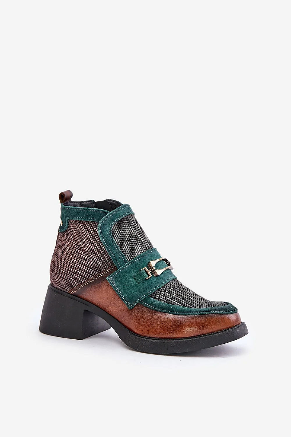 bottines femme Maciejka cuir marron empiècements suédés verts empeigne mesh gris bout rond bride métallique mors talon bloc semelle crantée