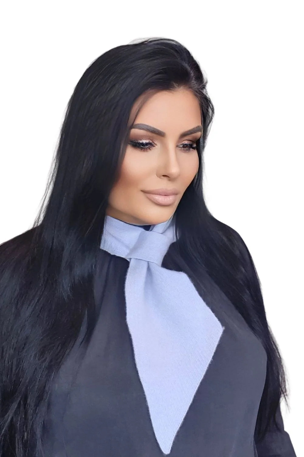 Pull élégant pour femme col montant nœud bleu clair coupe ajustée matière douce et confortable vêtement polyvalent pour quotidien et soirées
