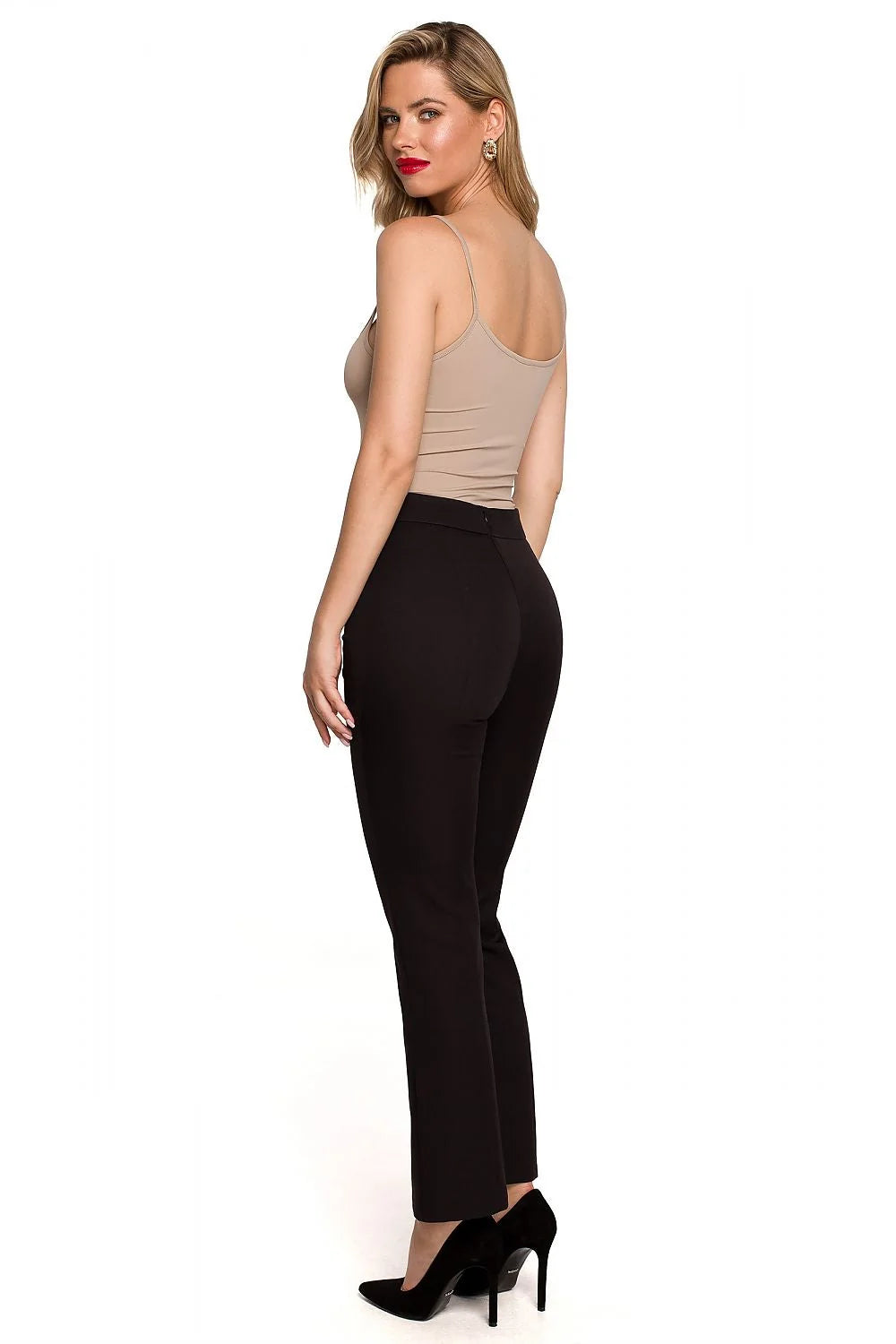 Pantalon femme Makover taille haute coupe ajustée couleur prune 95% polyester 5% élasthanne détails élégants sans poches