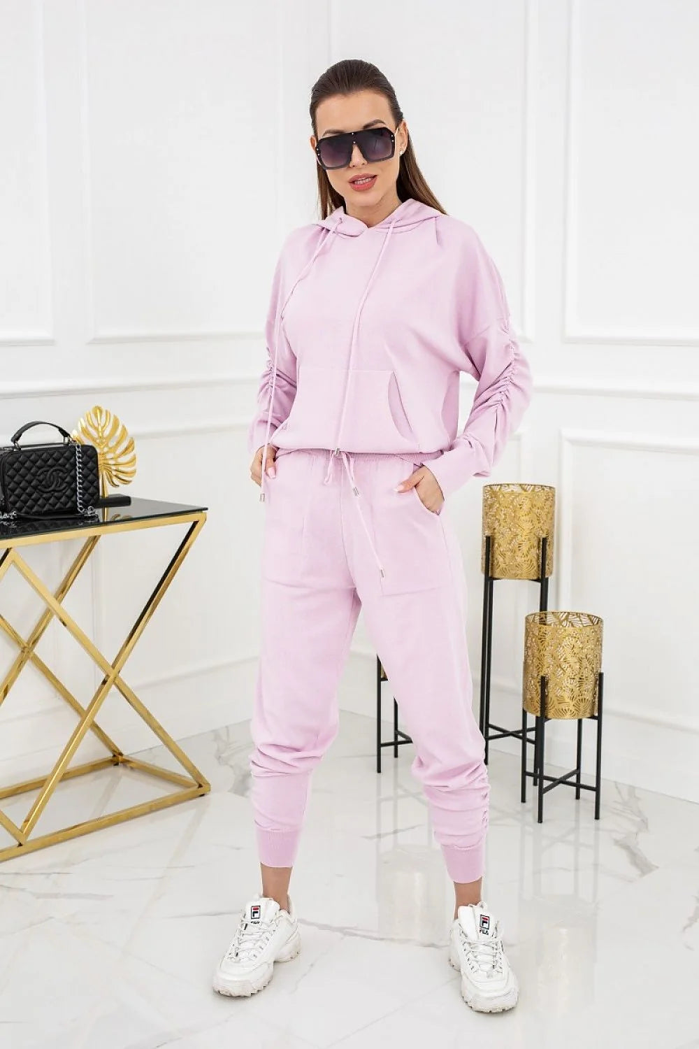 Ensemble survêtement féminin Vittoria Ventini rose pastel sweat à capuche pantalon fuselé