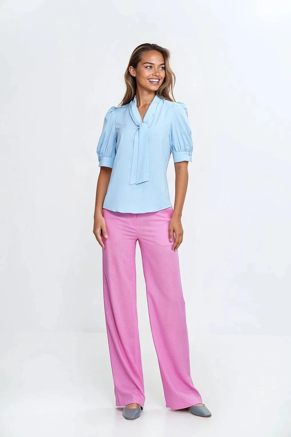Chemisier Nife élégant en viscose manches bouffantes noeud col couleurs contrastantes femme travail loisir