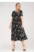Robe de jour Figl à manches courtes col rond imprimé floral blanc sur fond noir taille ajustable femme