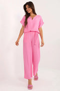 Ensemble pour femme style décontracté et élégant Italy Moda col en V manches courtes ceinture à nouer rose vif