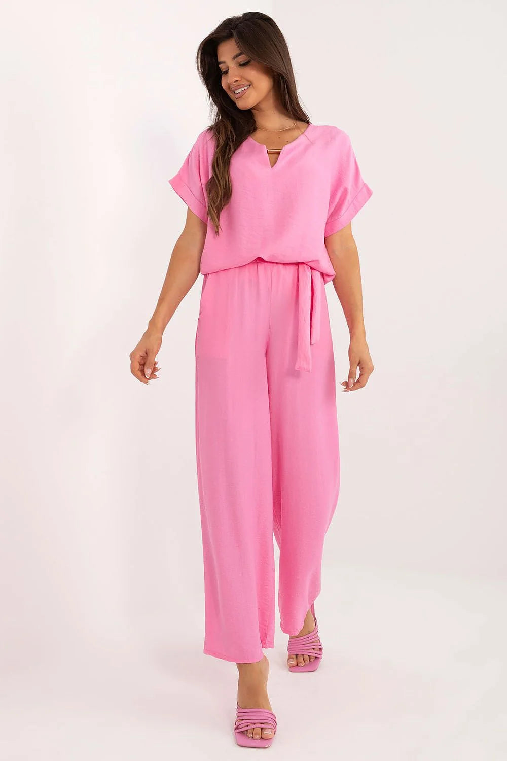Ensemble pour femme style décontracté et élégant Italy Moda col en V manches courtes ceinture à nouer rose vif
