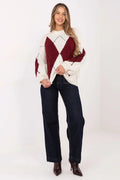 pull oversize femme grosse maille col rond motif argyle bordeaux écru pointillé manches bouffantes coupe ample bords côtelés chaud confortable