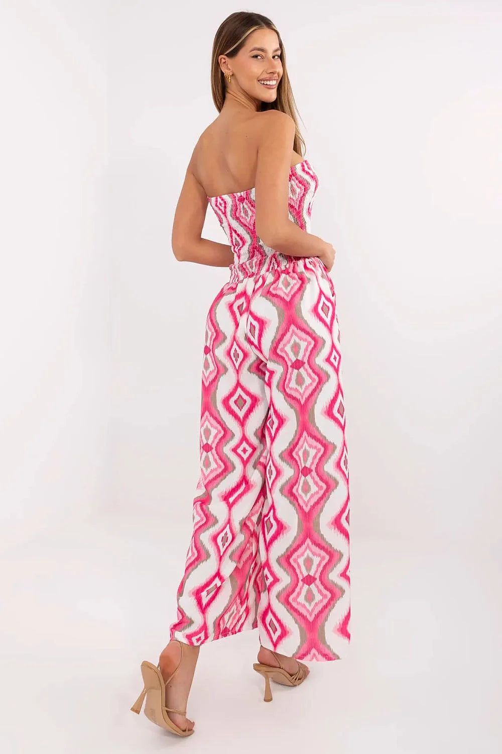 combinaison bandeau smockée taille marquée palazzo fluide poches latérales ikat géométrique rose fuchsia blanc gris estivale confortable femme ItalyModa