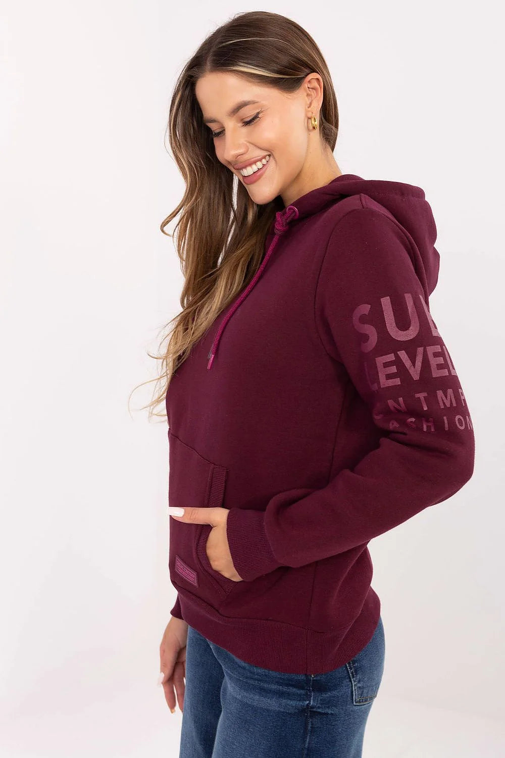 sweatshirt femme molleton coton polyester bordeaux coupe régulière manches longues capuche ajustable cordons épais fuchsia poche kangourou bords côtes poignets