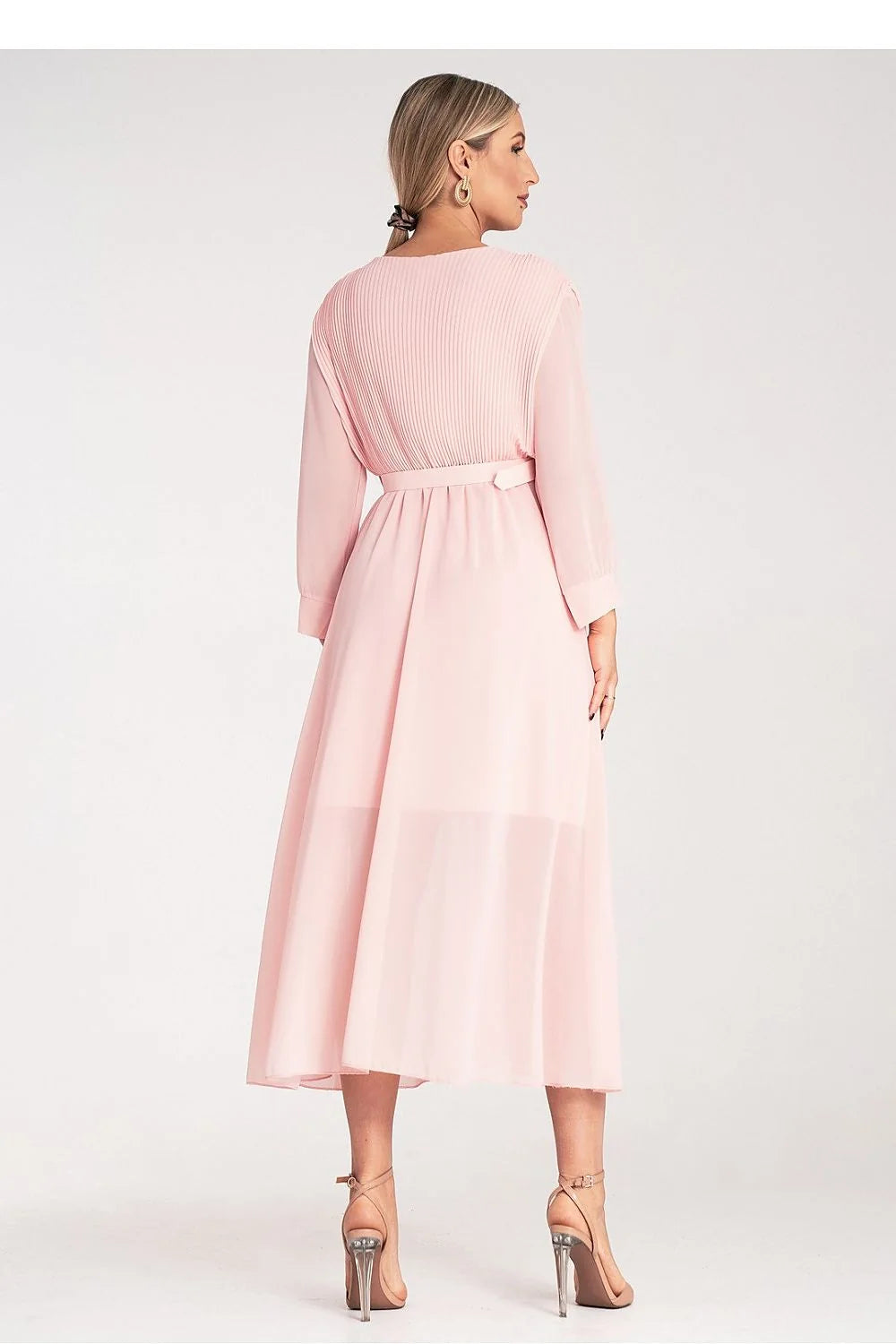 Robe de cocktail élégante longue manches longues col V profond ceinture ajustable femme Polyester 100%
