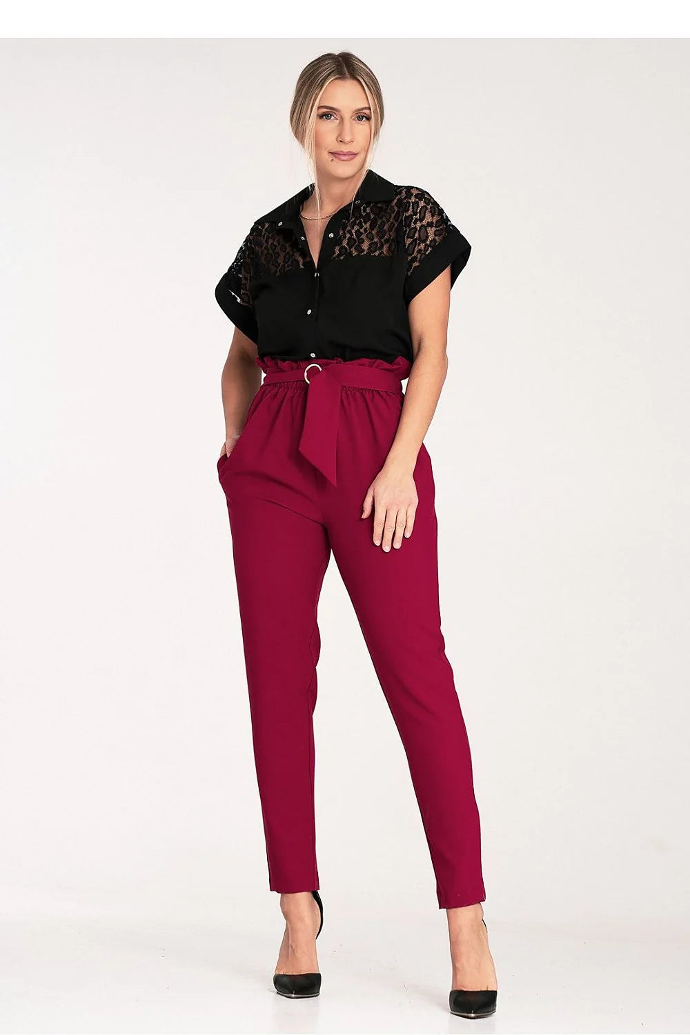 Chemise manche courte Figl design moderne élégant dentelle transparente col classique coupe ample polyester viscose elasthanne