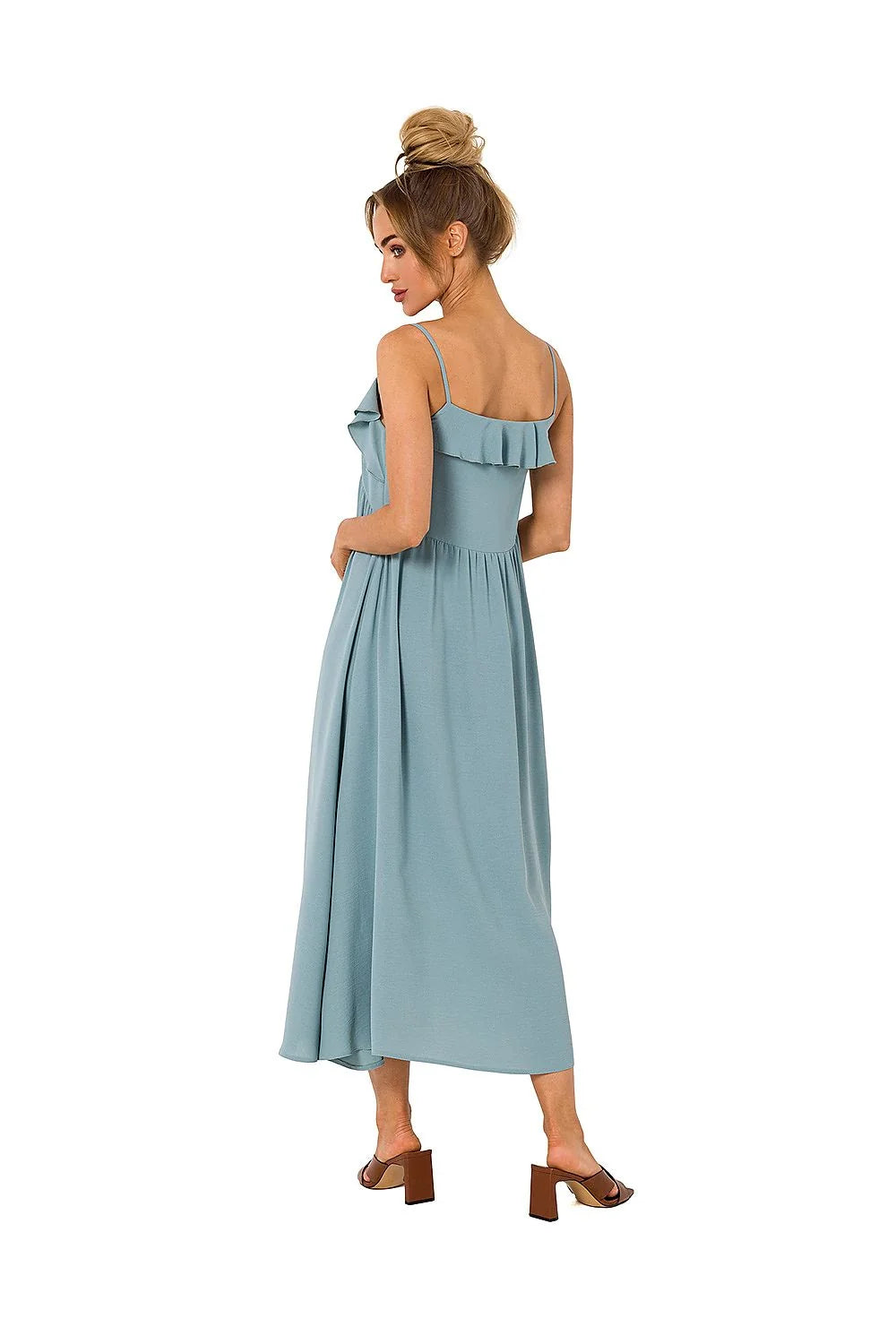 Robe de jour Moe élégante en polyester 95% avec bretelles fines et volants au décolleté en V pour femme, taille ajustable, longueur midi