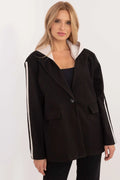 Veste élégante pour femmes noire avec capuche intérieure blanche manches longues contrastantes poches à rabat coupe ample matière douce